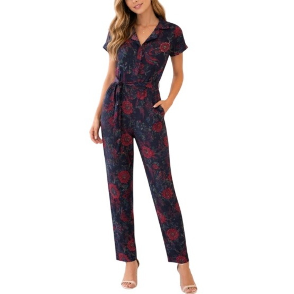 ISANI for Target Women's Black Red Floral Bird Print Tie‎ Waist Jumpsuit Size XS